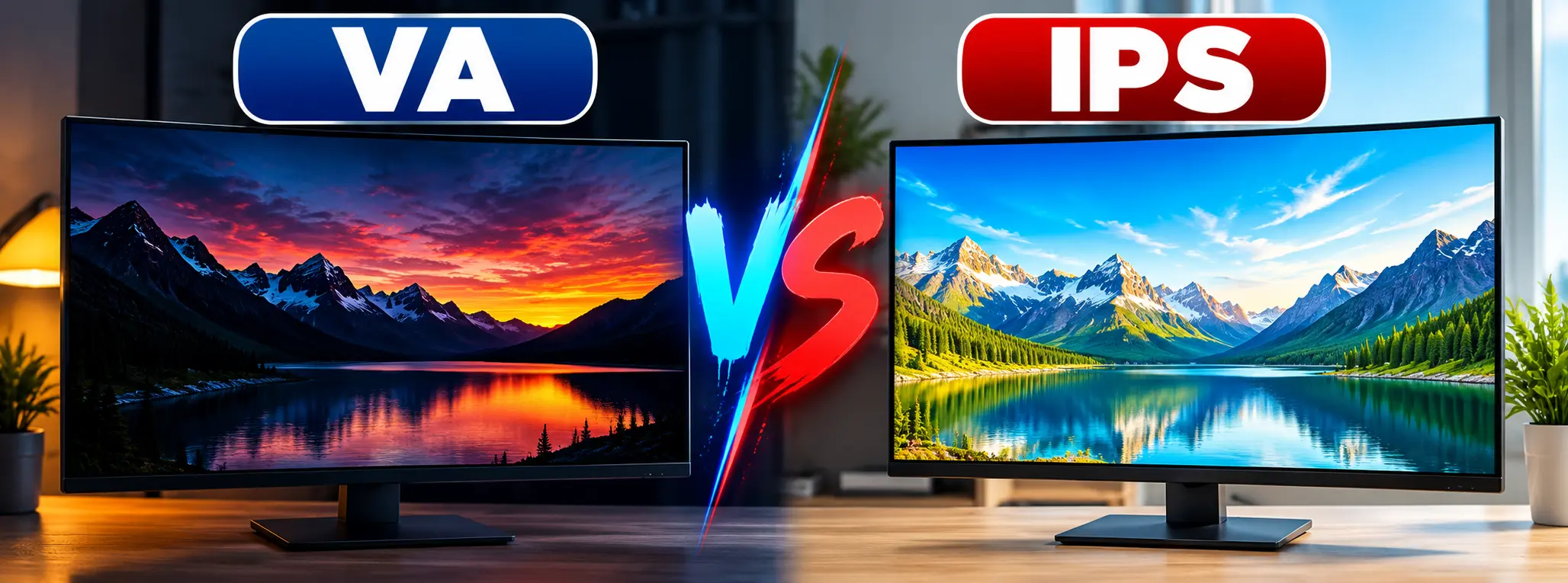 VA vs IPS monitor panel comparison showing differences in contrast, black levels, and color performance.